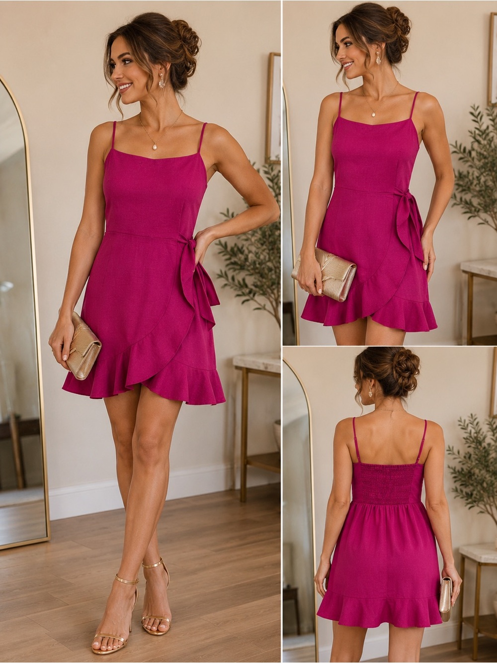 NWT‎ Express XL Linen Blend Fuchsia Mini Dress Smocked Back Tie